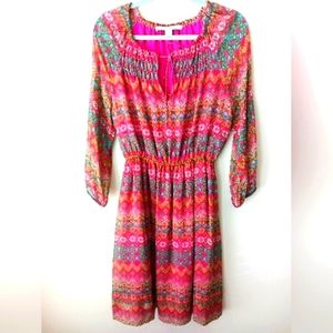 Diane Von Furstenberg Pink Red Multicolored Long Sleeve Silk Dress Women Size 10